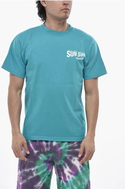 Sun Surf Cotton Crewneck T-shirt With Large Front Print In Blue