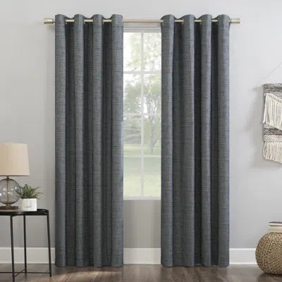 Sun Zero Burlap Weave Thermal Extreme 100% Blackout Grommet Curtain Panel In Blue