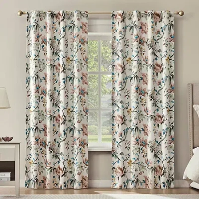 Sun Zero Claudette Vintage Floral Magnetic Closure Back Tab 100% Blackout Set Of 2 Curtain Panel In White