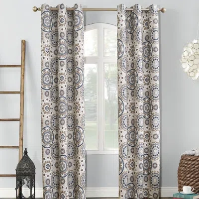 Sun Zero Nepal Global Medallion Print Blackout Grommet Curtain Panel In Gray,beige