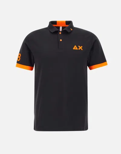 Sun68 Black Fluo Logo Cotton Polo Shirt With Orange Profiles In Brown