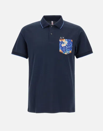 Sun68 Blue Cotton Polo Shirt With Print Pocket