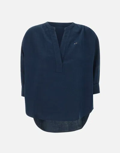 Sun68 Blue Linen V Neck Balloon Sleeve Shirt