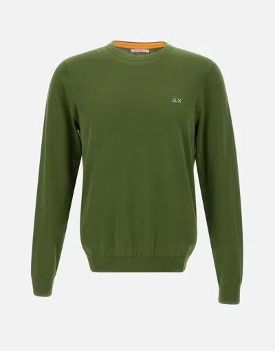 SUN68 SUN68 ROUND ELBOW OLIVE GREEN COTTON SWEATER WITH AQUA PATCHES