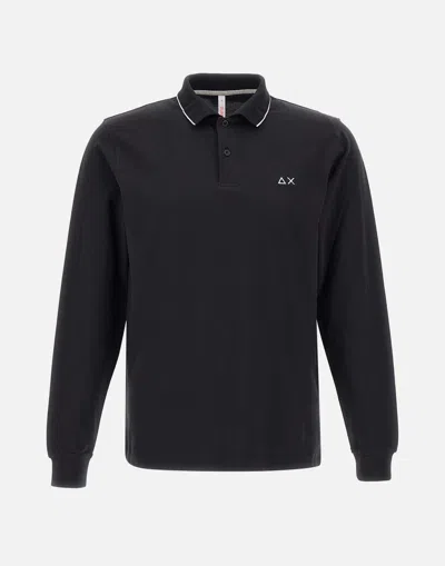 Sun68 Small Stripes Cotton Long Sleeve Polo In Black