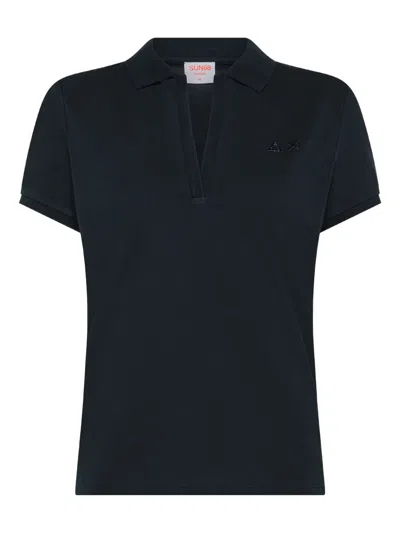 Sun68 V-neck Embroidered Polo Shirt In Blue