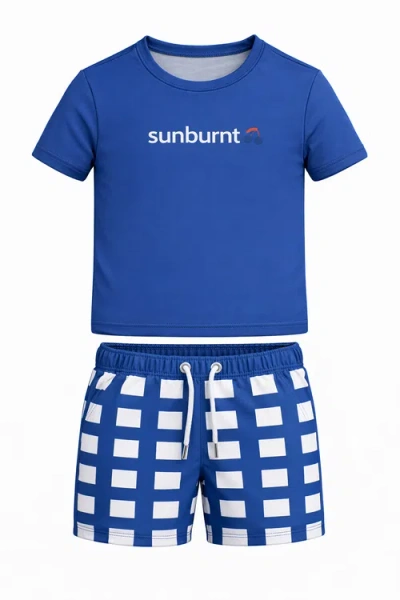 Sunburnt Kids'  Print Checkered Rashguard & Drawstring Shorts Swim Set In Multi