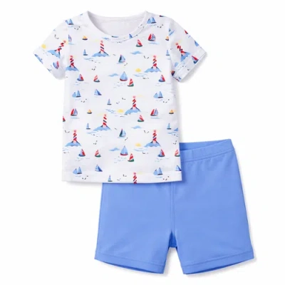 Sunburnt Babies'  Sail Boat Short Sleeve Swim Top And Elastic Waist Shorts Two Piece Swimsuit Set In Blue