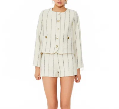 Suncoo Diane Collarless Striped Button Up Jacket In White And Black In Neutral