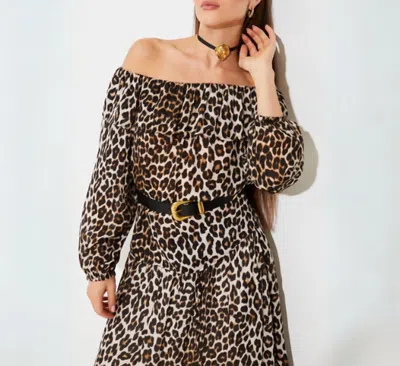 Suncoo Lola Leopard Print Off The Shoulder Blouse In Beige And Black In Multi