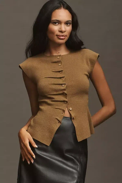 Suncoo Pagni Ruched-placket Cardigan Sweater Vest In Gold
