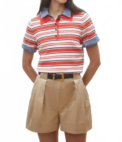 Suncoo Paillis Knit Stripe Short Sleeve Polo In Geranium In Multi