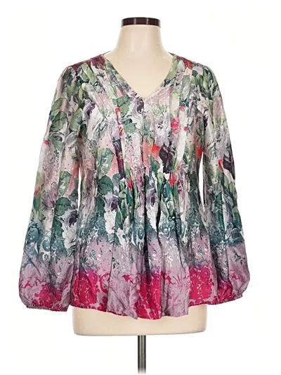 Pre-owned Sundance 3/4 Sleeve Silk Top Pink Floral Pattern V-neck Tops