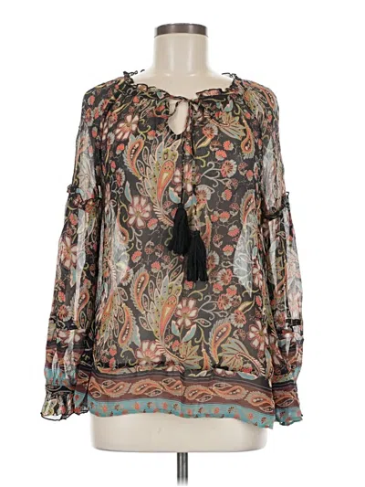Pre-owned Sundance Long Sleeve Silk Top Brown Keyhole Neckline Tops
