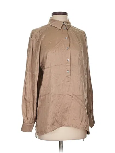 Pre-owned Sundance Long Sleeve Silk Top Tan Collared Neckline Tops In Brown