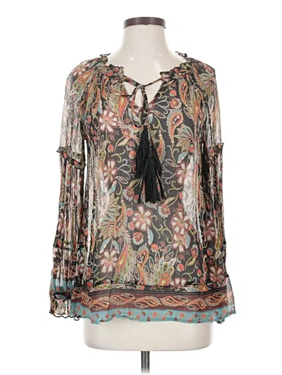 Pre-owned Sundance Long Sleeve Silk Top Teal Keyhole Neckline Tops In Blue