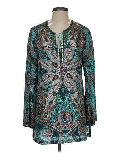 Pre-owned Sundance Long Sleeve Silk Top Teal Paisley Pattern Keyhole Neckline Tops