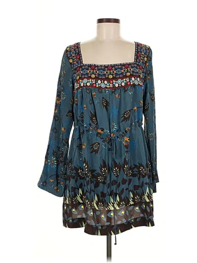 Pre-owned Sundance Long Sleeve Silk Top Teal Paisley Pattern Square Neckline Tops In Blue