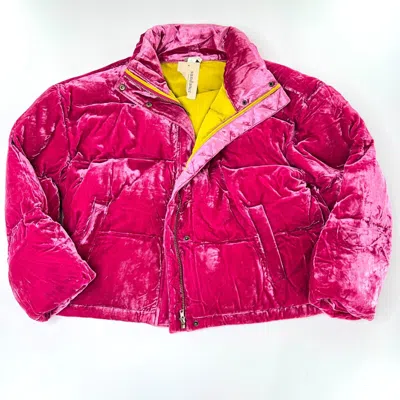 Pre-owned Sundance Womens L Pink Cropped Puffer Jacket Full Zip Snap Closure Velvet
