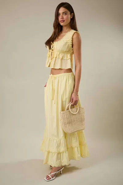 Sunday Edition Elastic Waist Embroidered Scallop Hem Tiered Maxi Skirt In Butter In Yellow