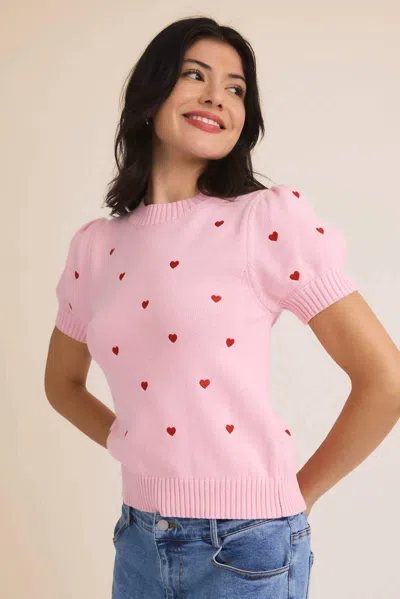 Sunday Edition Heart Embroidered Sweater Top In Blush Red In Multi