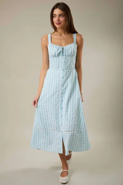 Sunday Edition Sweetheart Shoulder Strap Front Button Down Midi Dress In Ligt Blue-white Gingham