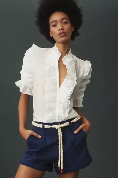 Sunday In Brooklyn Short-sleeve Ruffle-front Buttondown Shirt In White