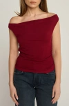 Sunday Ritual Ruched Off The Shoulder Rib Top In Burgundy