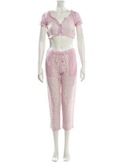 Pre-owned Sunday Saint-tropez Floral Print Eyelet Trim Pant Set In Pink