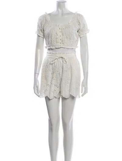 Pre-owned Sunday Saint-tropez Lace Pattern Ruffle Embellishment Short Set In White