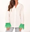Sundayup Feather Sleeve Button Down Blouse In White/green In Multi