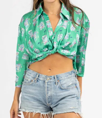 Sundayup Front Twist Crop Top In Green Patterned
