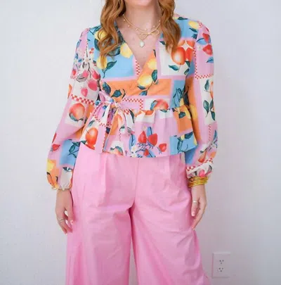 Sundayup Fruit Print Long Sleeve Side Bow Ruffle Top In Multi
