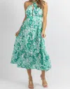 SUNDAYUP HALTERNECK RUFFLE MIDI DRESS IN GREEN FLORAL