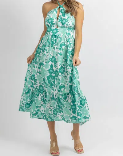 Sundayup Halterneck Ruffle Midi Dress In Green Floral