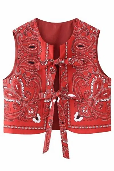 Sundayup Paisley Print Round Neck Front Bow Vest In Red