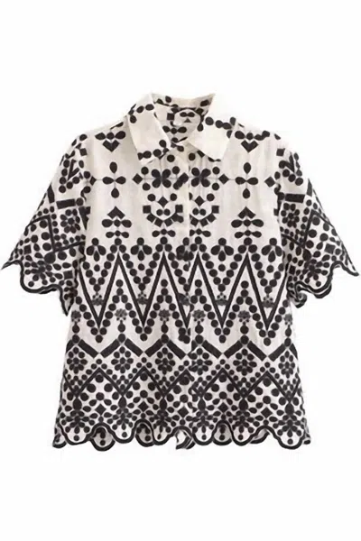 Sundayup Women's Aniya Embroidered Button Up Top In White & Black In Multi