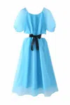 Sundayup Women's Solid Short Sleeve Cut Out Ribbon Dress In Light Blue
