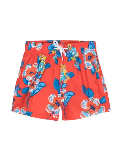 Sundek Kids' Board Floral-print Swimshorts In Red