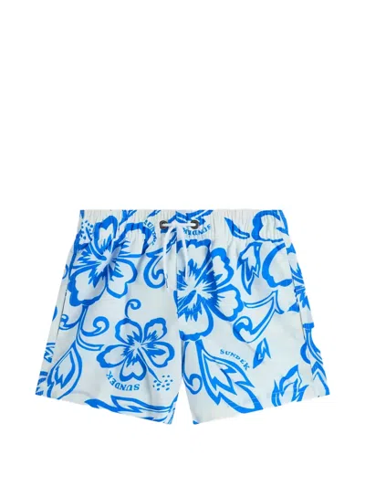 Sundek Kids' Floral-print Swim Shorts In Blue
