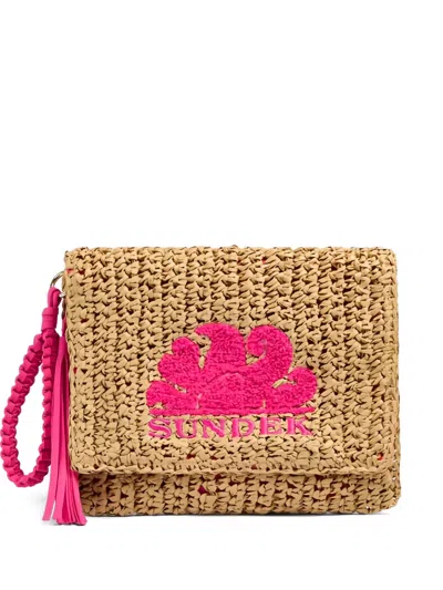 Sundek Gabi Logo-patch Woven Clutch Bag In Nude