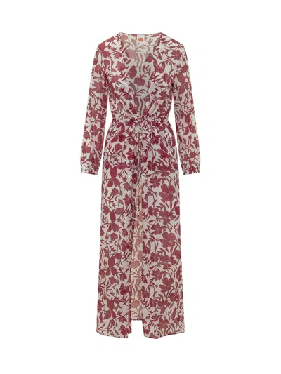 Sundek Long Print Dress In Deep Scarlet