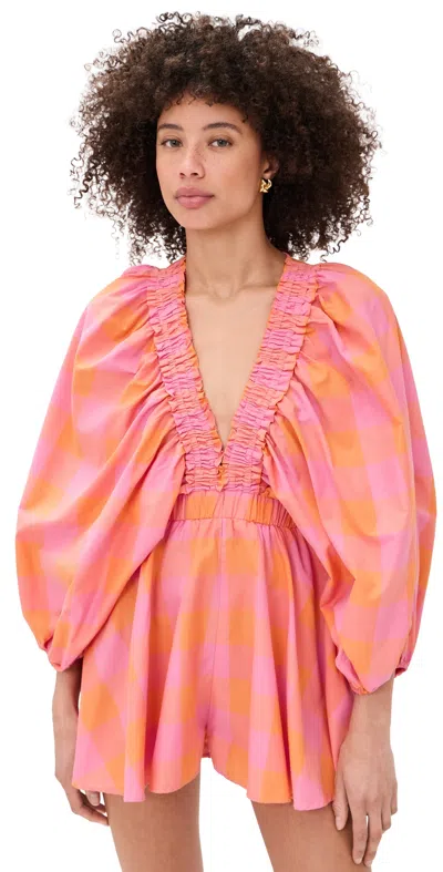 Sundress Alicia Romper Big Gingham Orange And Pink