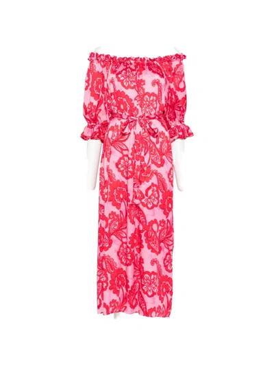 Sundress Paolina Floral-print Off-the-shoulder Midi Dress In Red