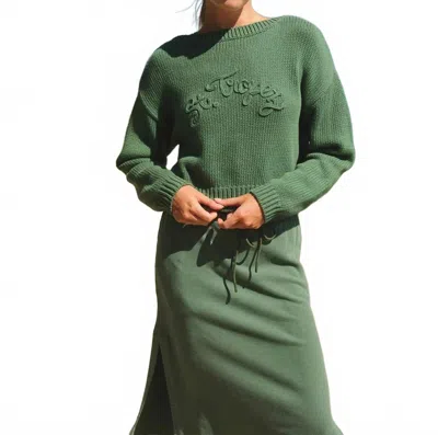 Sundry Crop Boatneck Embroidered Sweater In Loden Green
