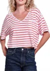 Sundry Crop V-neck Stripe Tee In Optic White In Pink