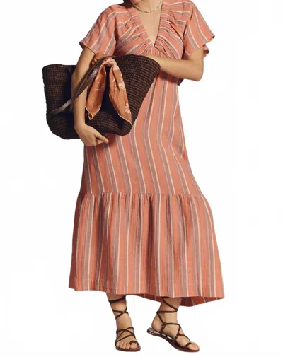 Sundry Gauze Stripe V-neck Dress In Bright Coral In Yellow