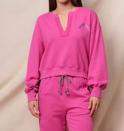 Sundry Good Vibes Split Neck Sweatshirt In Fuchsia In Pink