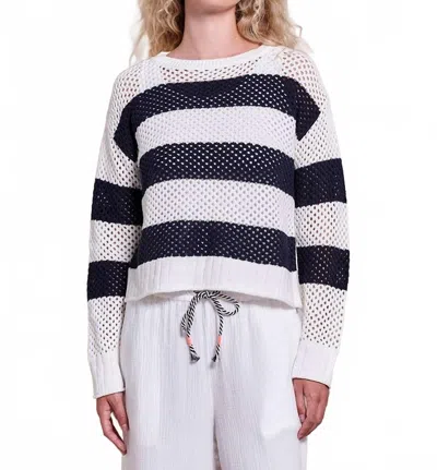 Sundry Mesh Stripe Boat Neck Sweater In Deep Navy In White