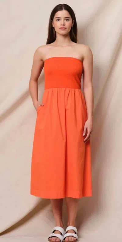 Sundry Mixed Media Strapless Dress In Blaze Orange In Red